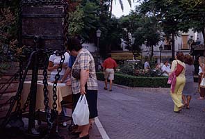 Woman studying a menu outside a restaurant, Marbella