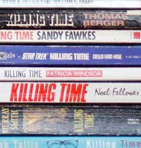 Spines of books titled killing time