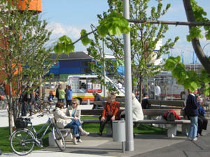 Benches with people near Hafencity
