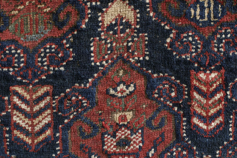 Dated Afshar rug with camel cartouche, Kerman area, south Persia around 1900: pattern detail