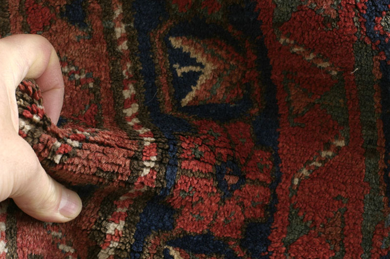 Dated Afshar rug with camel cartouche, Kerman area, south Persia around 1900: pile fold