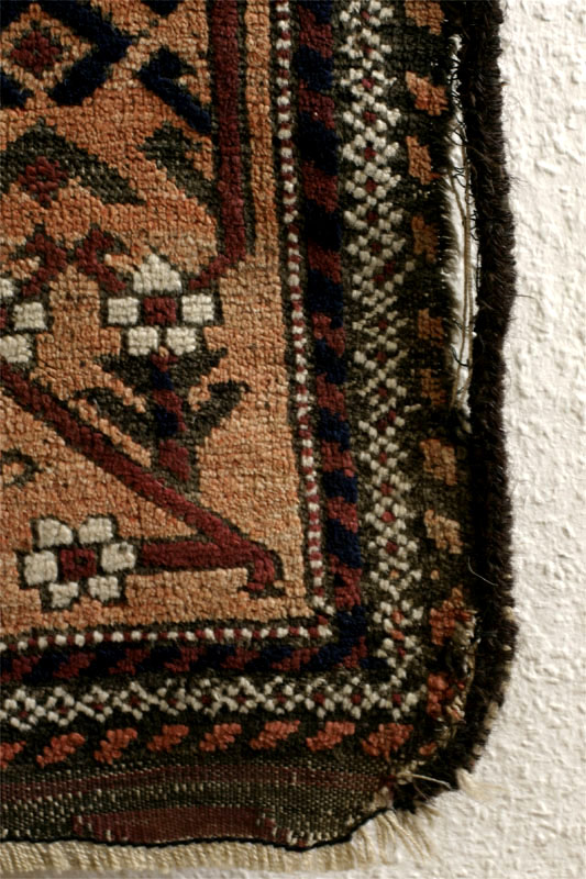 Baluch rug, wide meandering tree border with blossoms, lower right corner