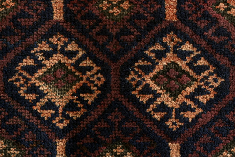 Baluch rug, wide meandering tree border with blossoms, pattern detail
