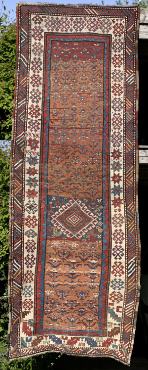 Kurdish long rug with shrubs/flowers and hooked medallion