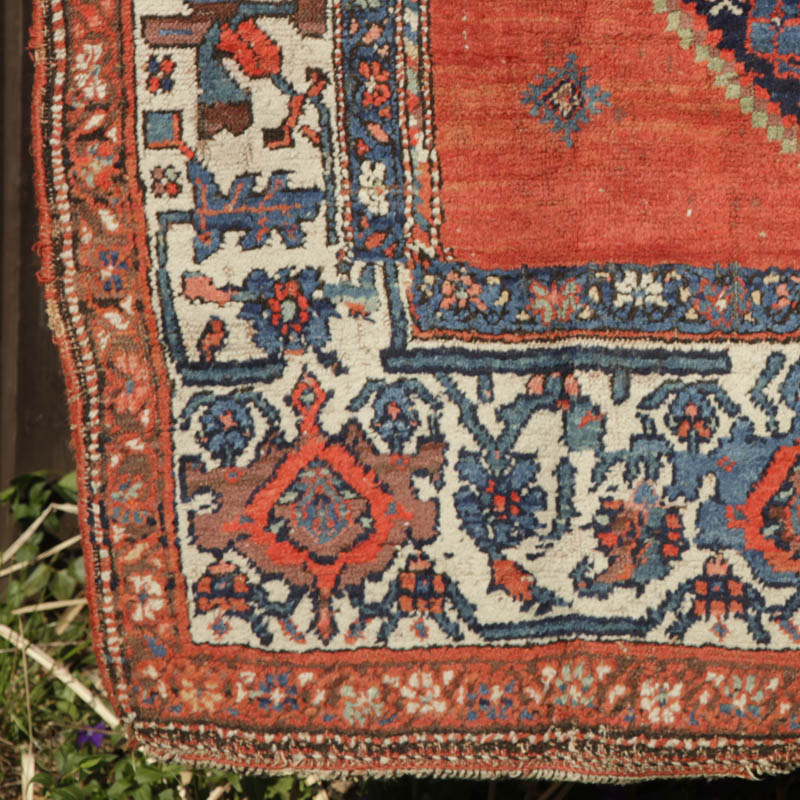 Kurdish medallion rug with humans and animals - bottom left corner