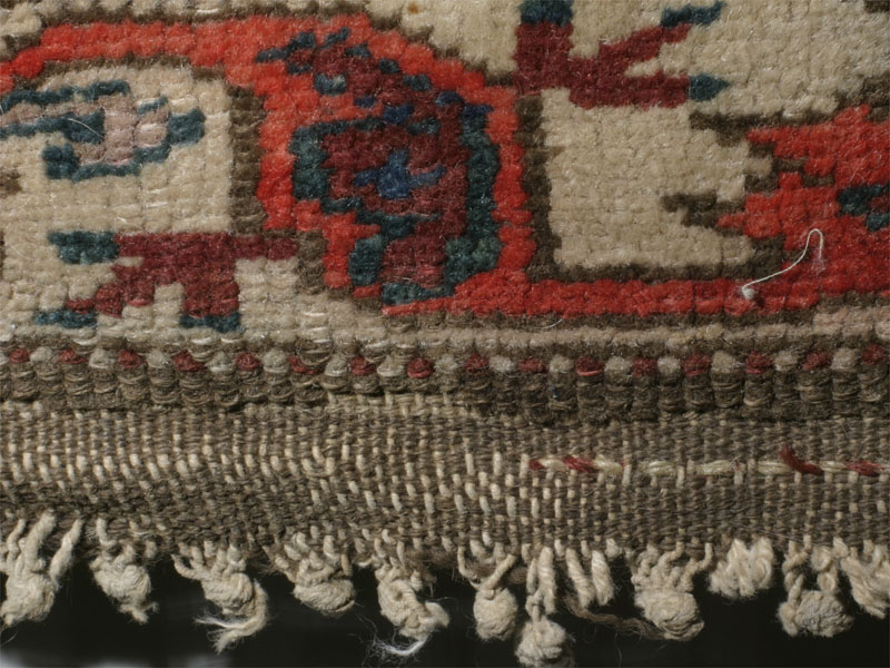 Antique north-west Persian Kurdish Palmette rug: pile detail and kilim end