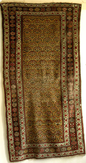Antique Kurdish rug, end of 19th c., shrubs on yellow ground