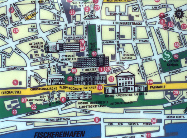 A section of the J Decaux map for Altona showing a cluster of buildings partly obliterating the streets